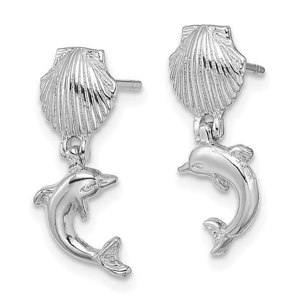 14K White Gold Dolphin Dangle Earrings - Mini Scallop