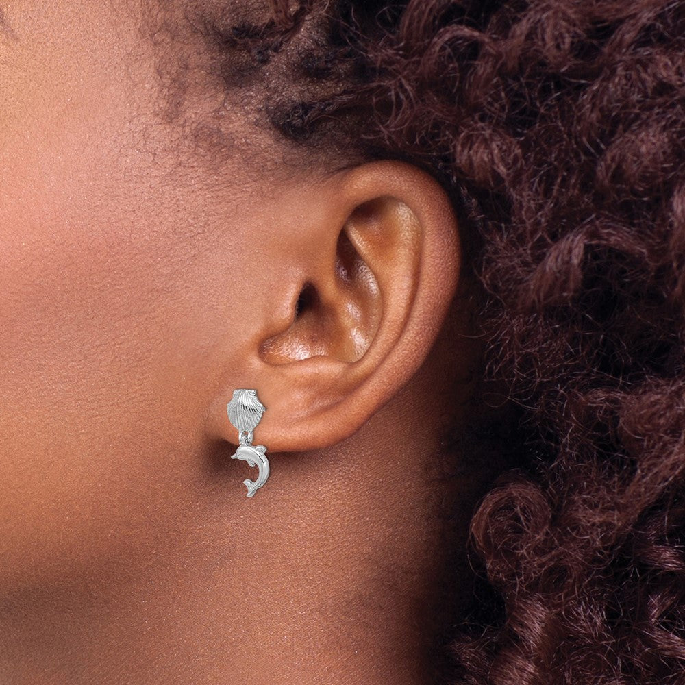 Shop Exclusive 14K White Gold Dolphin Dangle Earrings - Stylish Mini Scallop Design