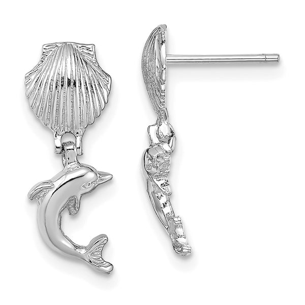 14K White Gold Dolphin Dangle Earrings - Mini Scallop