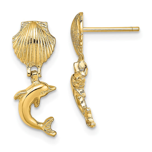 Exclusive 14K Gold Dolphin Dangle Earrings - Stylish Mini Scallop Design