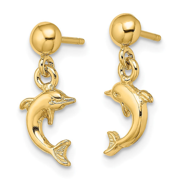 14K Gold Mini Dolphin Dangle Earrings - 0.85mm