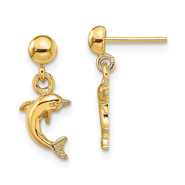 14K Gold Mini Dolphin Dangle Earrings - 0.85mm