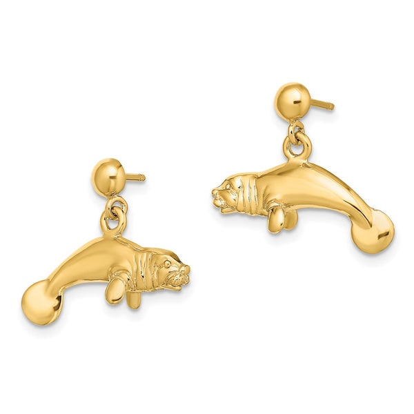 14K Gold 3D Polished Manatee Dangle Earrings - Lightweight