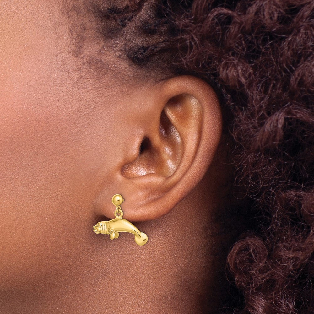 Shop Stylish 14K Gold 3D Polished Manatee Dangle Earrings - Lightweight & Unique