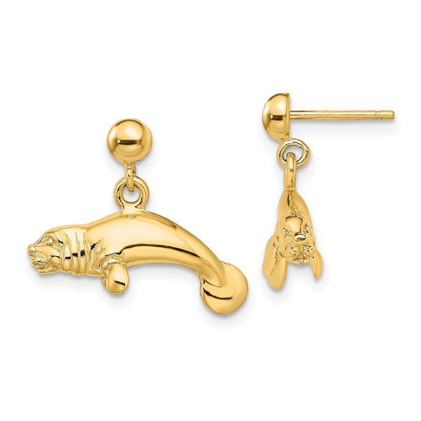 14K Gold 3D Polished Manatee Dangle Earrings - Lightweight
