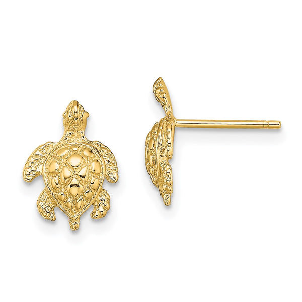 14K Gold Textured Sea Turtle Stud Earrings - 2D
