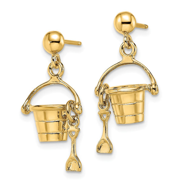 14K Gold 3D Beach Bucket and Shovel Dangle Earrings