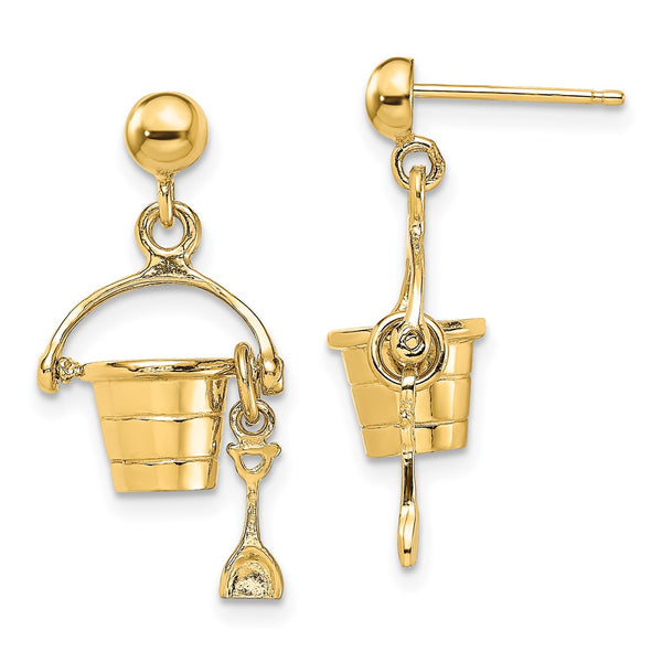 14K Gold 3D Beach Bucket and Shovel Dangle Earrings
