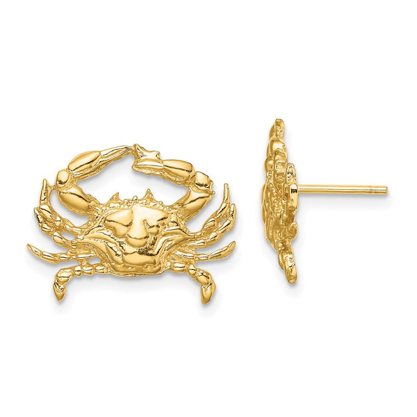 14K Gold Blue Crab Stud Earrings - 2D