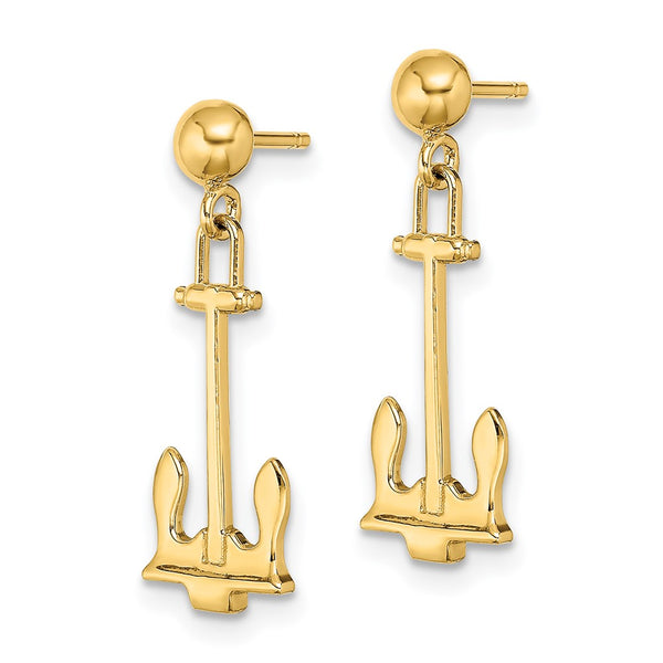 14K Gold Polished Navy Anchor Drop Earrings