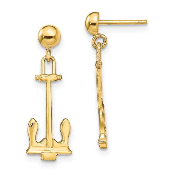 14K Gold Polished Navy Anchor Drop Earrings
