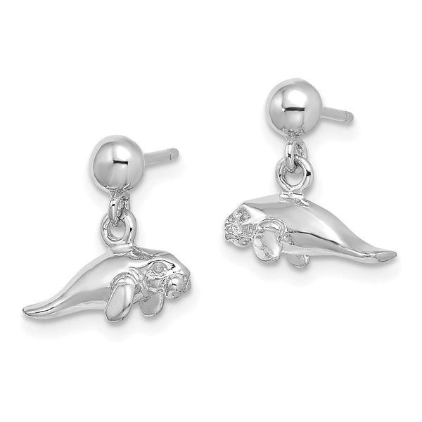 14K White Gold 3D Mini Manatee Dangle Earrings - 10mm