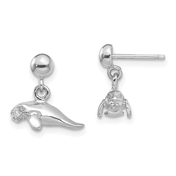 14K White Gold 3D Mini Manatee Dangle Earrings - 10mm