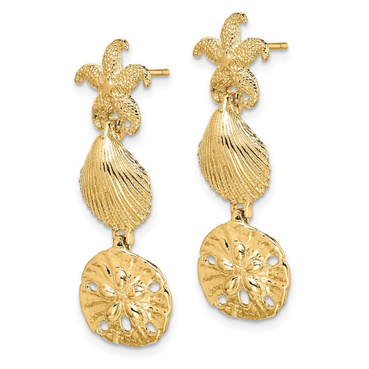 High-Quality 14K Gold Starfish & Sand Dollar Dangle Earrings - Stylish Value!