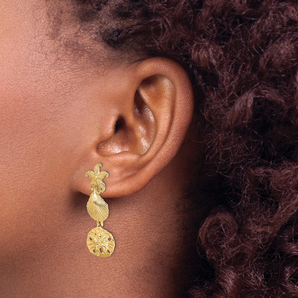 High-Quality 14K Gold Starfish & Sand Dollar Dangle Earrings - Stylish Value!