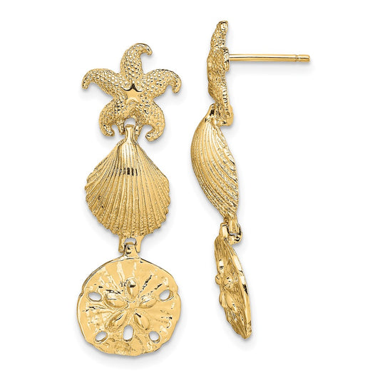High-Quality 14K Gold Starfish & Sand Dollar Dangle Earrings - Stylish Value!