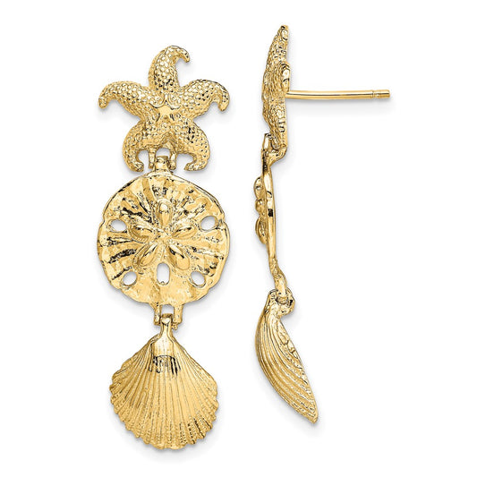 High-Quality 14K Gold Dangle Earrings - Stylish Starfish & Shell Design