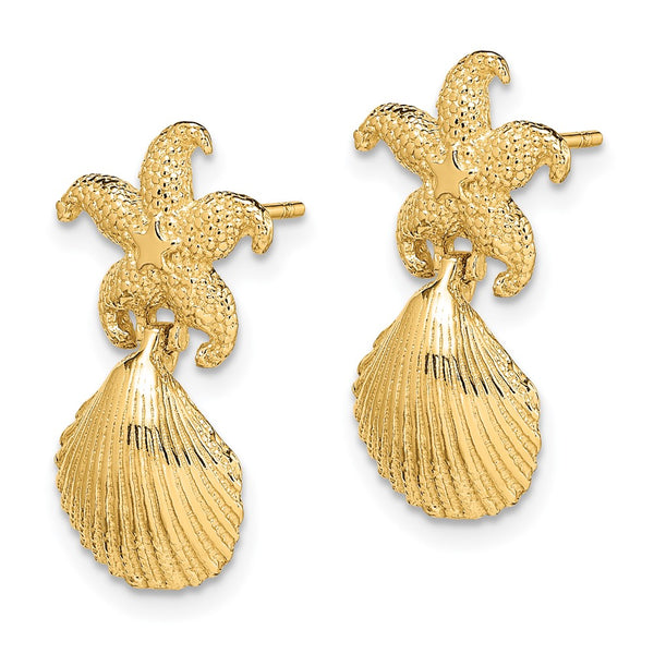14K Gold Starfish & Scallop Shell Dangle Earrings