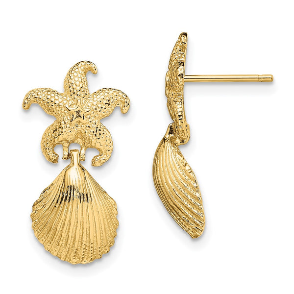 14K Gold Starfish & Scallop Shell Dangle Earrings