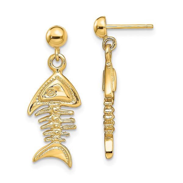 14K Gold 3D Fishbone Drop Earrings