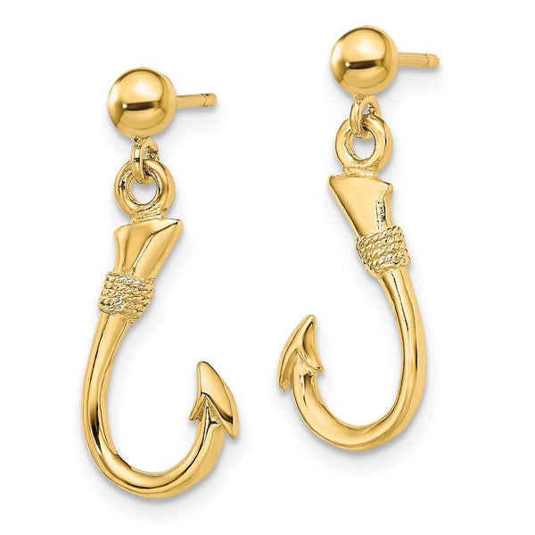 14K Gold 3D Fish Hook Dangle Earrings