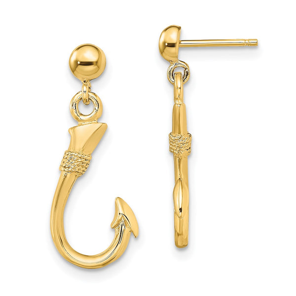 14K Gold 3D Fish Hook Dangle Earrings