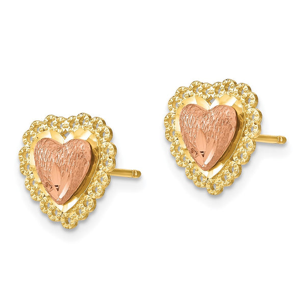 14K Two-Tone Heart Post Earrings - Lace Trim