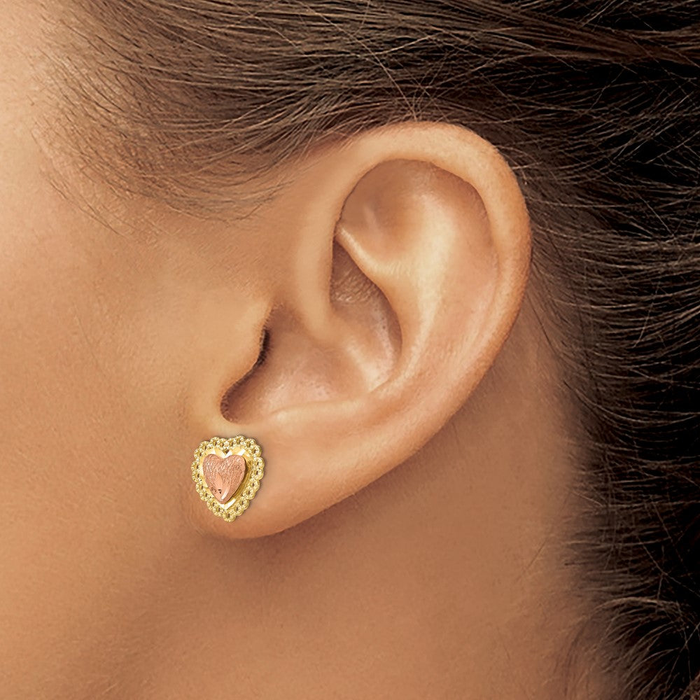 High-Quality 14K Two-Tone Heart Post Earrings - Stylish Lace Trim Design
