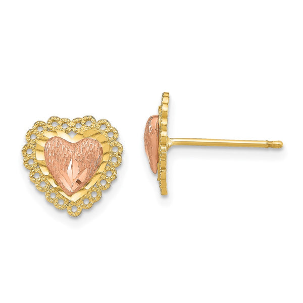 14K Two-Tone Heart Post Earrings - Lace Trim