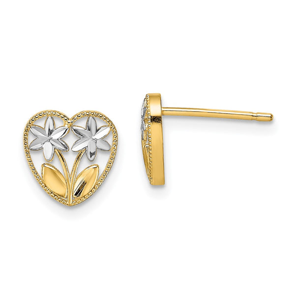 14K White Gold Flower & Heart Stud Earrings - 0.85mm