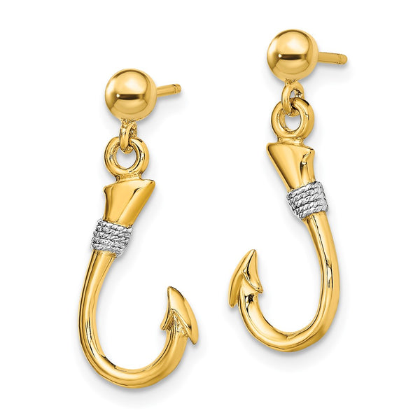 14K Gold & Rhodium 3D Fish Hook Earrings - Rope Dangle