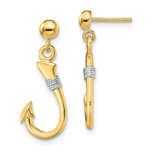 14K Gold & Rhodium 3D Fish Hook Earrings - Rope Dangle
