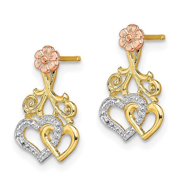 14K Two-Tone White Rhodium Heart & Flower Stud Earrings