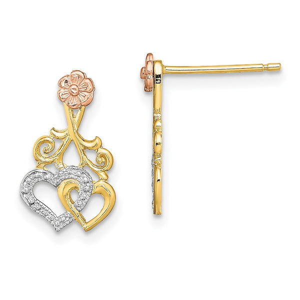 14K Two-Tone White Rhodium Heart & Flower Stud Earrings