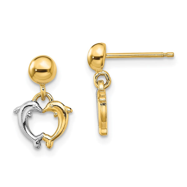 14K White Gold Dolphin Dangle Earrings - Rhodium-Plated