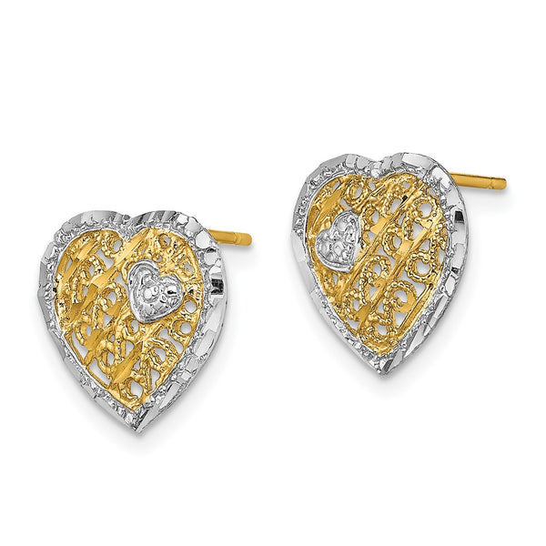 14K White Gold Filigree Heart Post Earrings