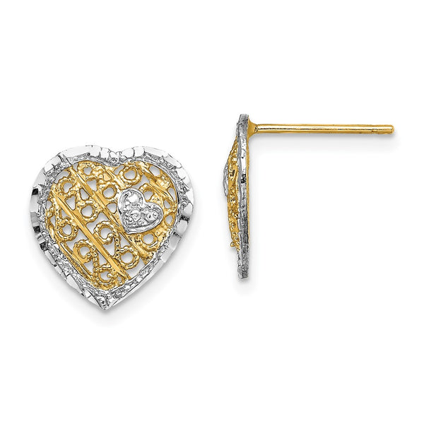 14K White Gold Filigree Heart Post Earrings