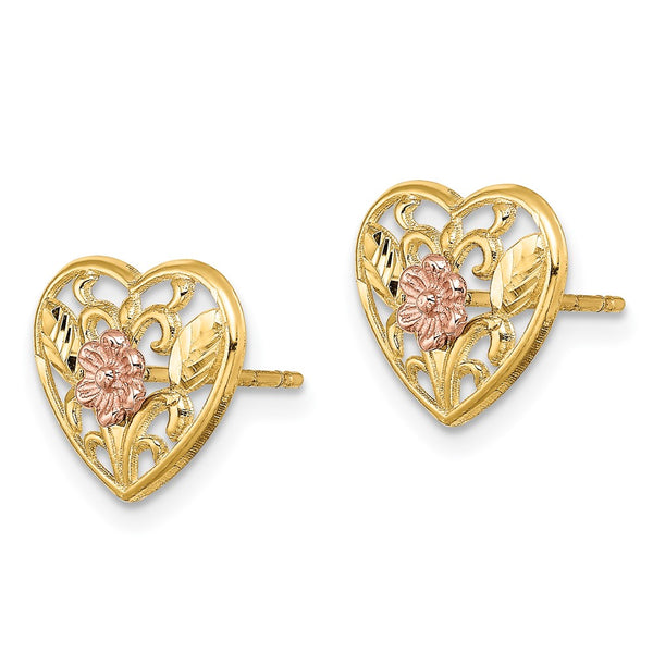 14K Two-Tone Polished Heart Floral Post Earrings