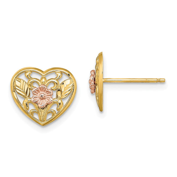 14K Two-Tone Polished Heart Floral Post Earrings
