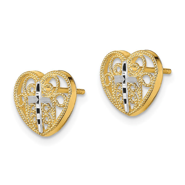 14K Gold Rhodium-Plated Heart Earrings - Filigree