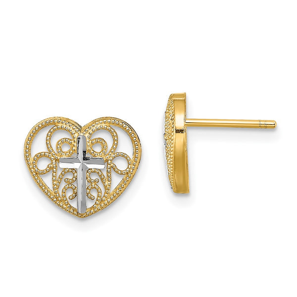 14K Gold Rhodium-Plated Heart Earrings - Filigree