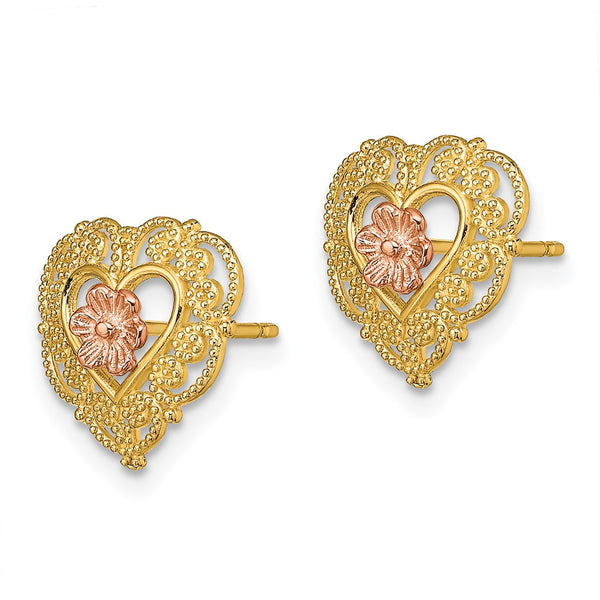 14K Two-Tone Lace Trim Flower Heart Stud Earrings