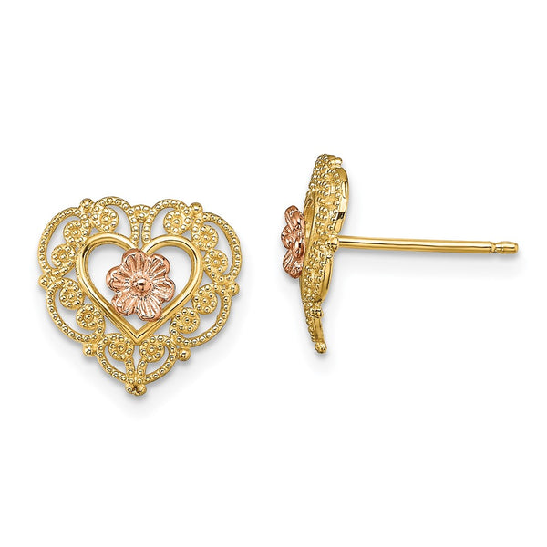 14K Two-Tone Lace Trim Flower Heart Stud Earrings