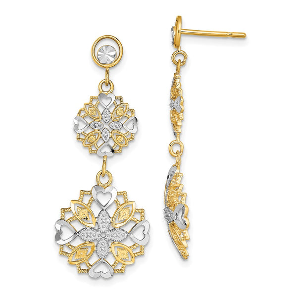 14K Gold & Rhodium Plated Flower Heart Dangle Earrings