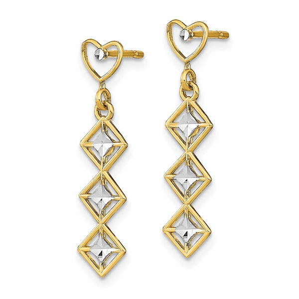 14K White Gold Rhodium-Plated Heart & Diamond Dangle Earrings