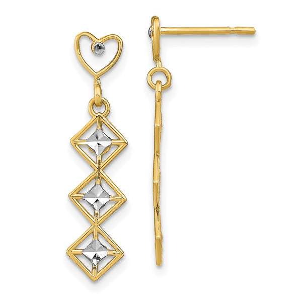 14K White Gold Rhodium-Plated Heart & Diamond Dangle Earrings