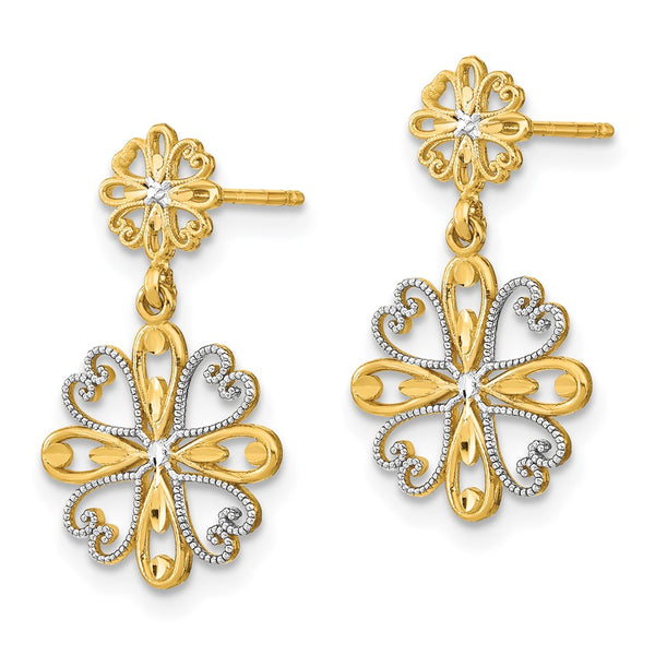 14K Gold & Rhodium Beaded Heart Floral Dangle Earrings