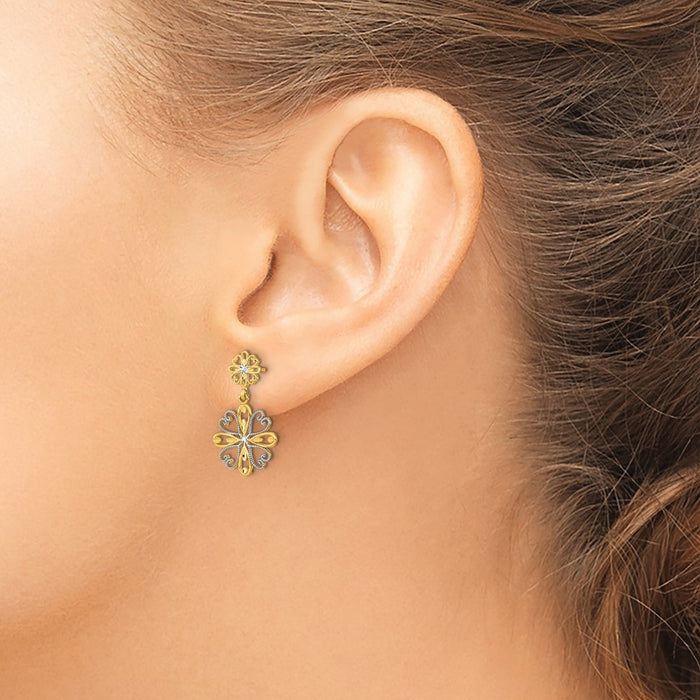 Exclusive 14K Gold & Rhodium Beaded Heart Floral Dangle Earrings - Stylish Value!-3