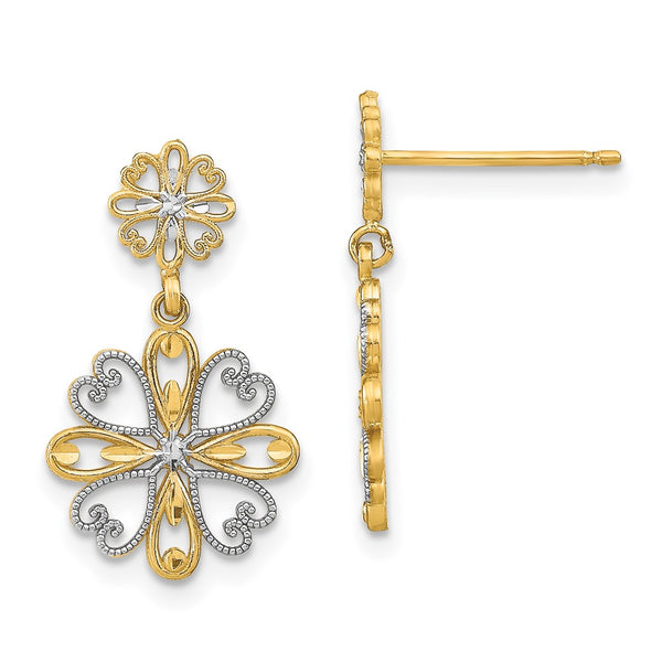 14K Gold & Rhodium Beaded Heart Floral Dangle Earrings