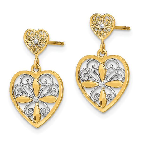 14K White Gold Rose & Heart Dangle Earrings - Beaded Filigree